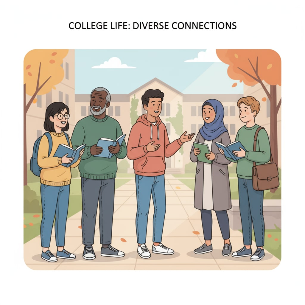 Students of different ages chatting on campus related to late enrollment in college and psychological adjustment