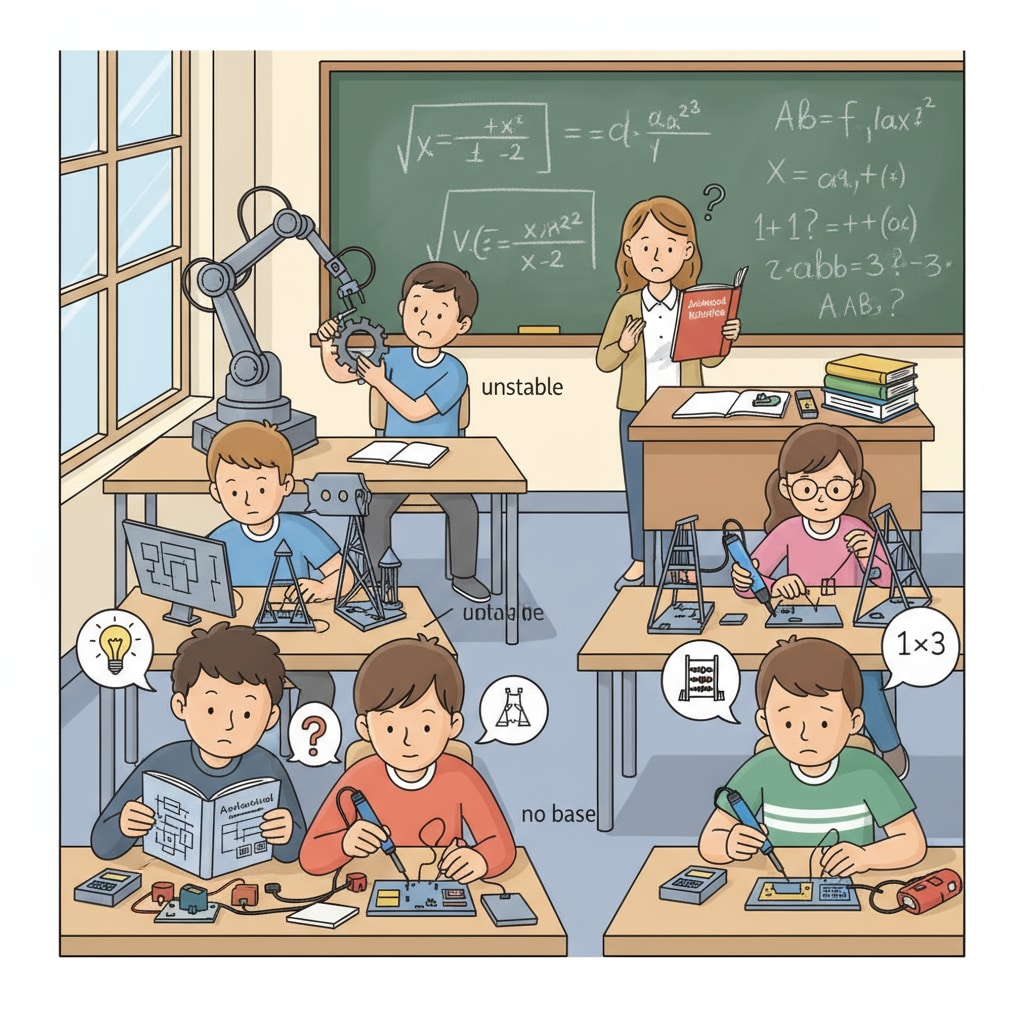 Classroom scene highlighting the imbalance between skill development and basic knowledge in K12 education