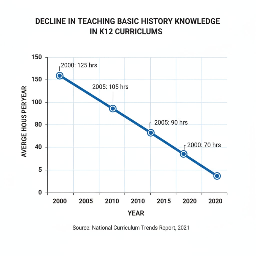 Graph depicting the decline in time for teaching historical knowledge in K12 education related to educational quality and evaluation