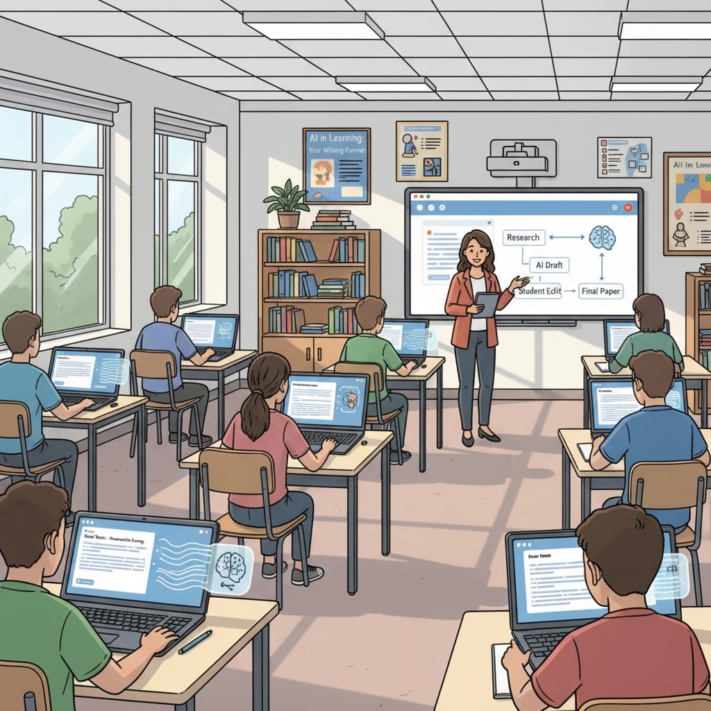 Students using AI writing tools in a classroom related to student writing, educational objectives, and assignment authenticity