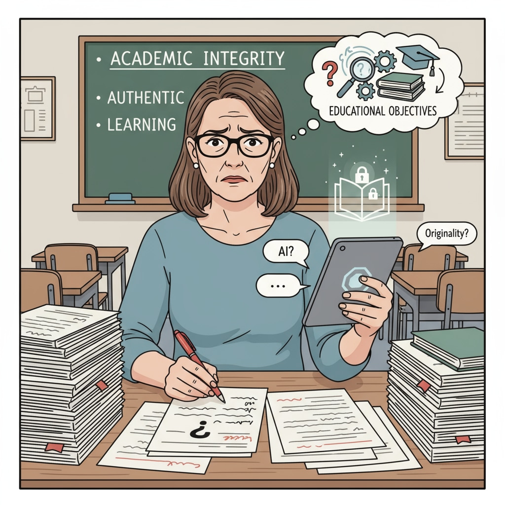 Teacher grading papers with concern regarding student writing, educational objectives, and assignment authenticity