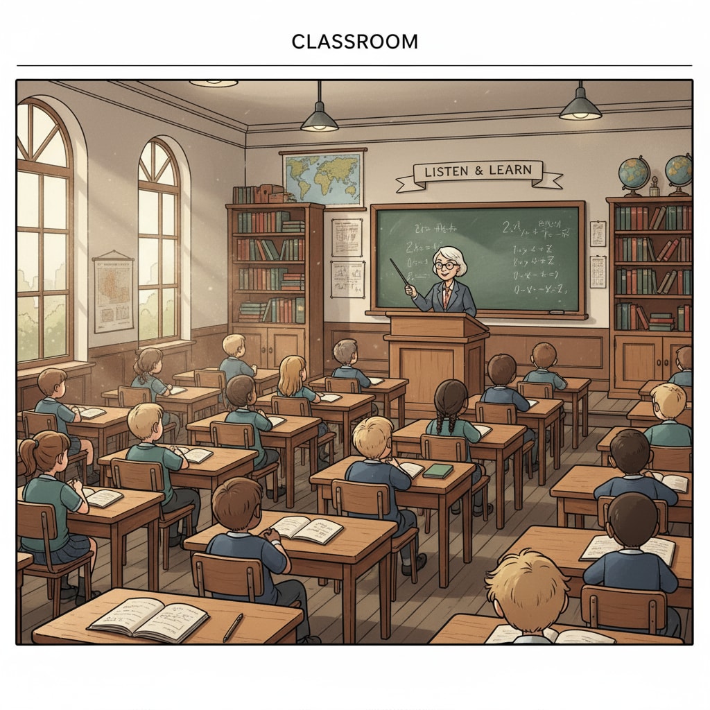 A traditional primary education classroom scene showing the limitations of traditional teaching methods