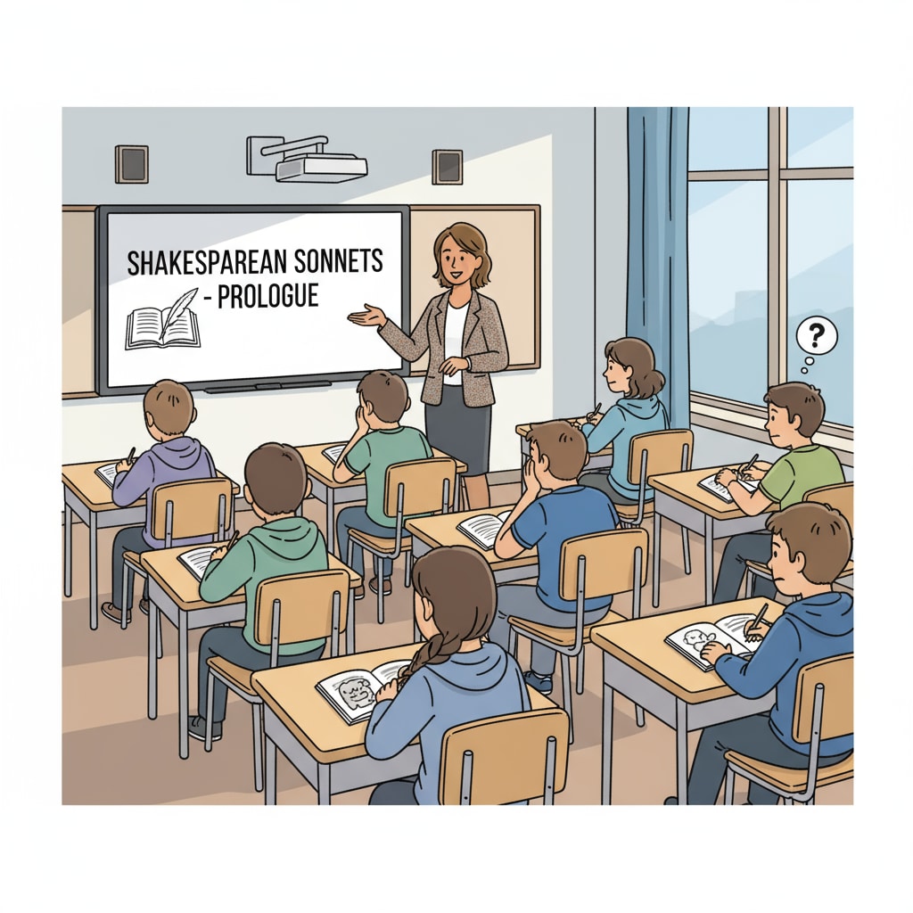 A classroom scene where students in 9th grade are sitting at their desks, some looking a bit uninterested during an English class as the literary content has become more complex. 9th grade English class with students showing signs of boredom due to changing literary content