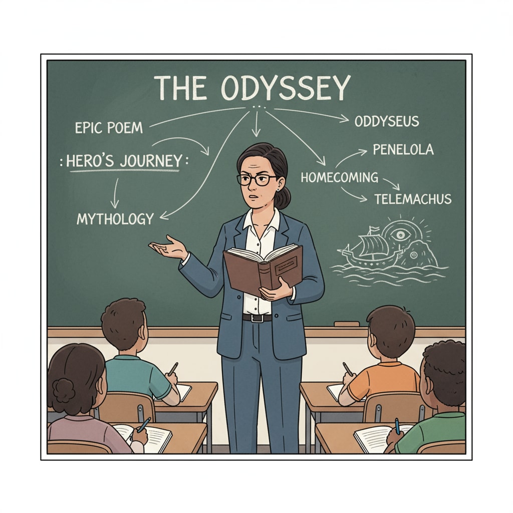 A 9th grade English teacher is standing in front of a blackboard, holding a book, looking serious while explaining a complex literary work to the class. 9th grade English teacher being strict while teaching complex literary content