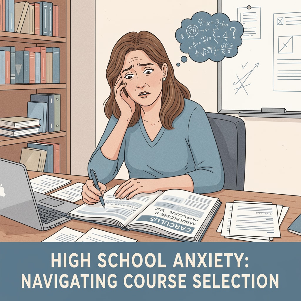 A parent looking worried while sitting at a desk, looking at a high school course catalog, depicting the anxiety related to high school education and calculus. Worried parent examining high school course options due to parental expectations about calculus