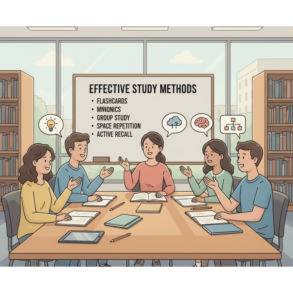 Students discussing learning techniques in a library to achieve high scores