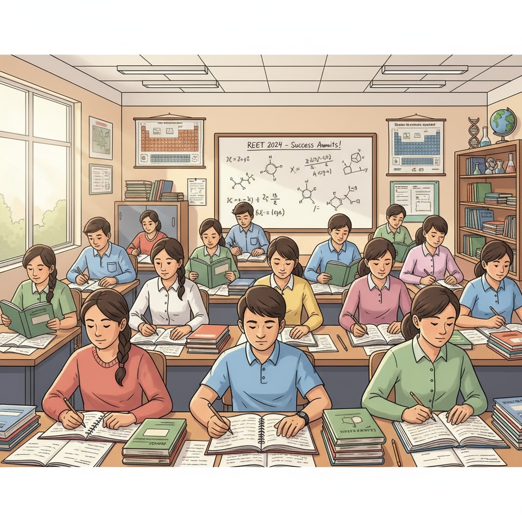 Students studying science and math materials for REET exams
