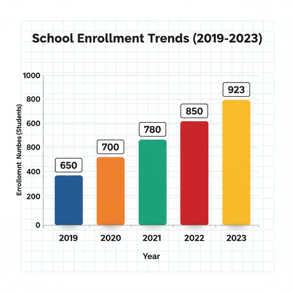 Bar chart of enrollment numbers over years for school statistics, PISA tests, and education data