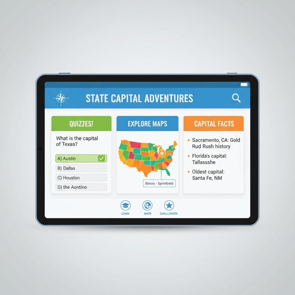 A state capital learning app interface with learning features for geography education.