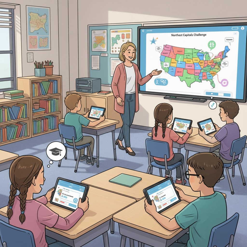 Students using state capital learning apps for geography education in a classroom.