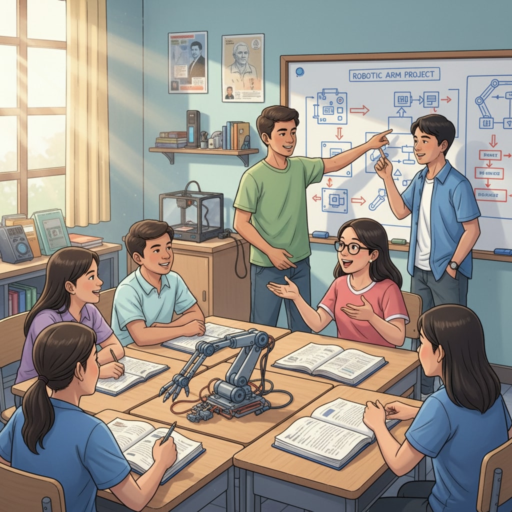 Filipino students discussing robotics projects in a classroom related to robotics, computer science, study abroad, and student loans