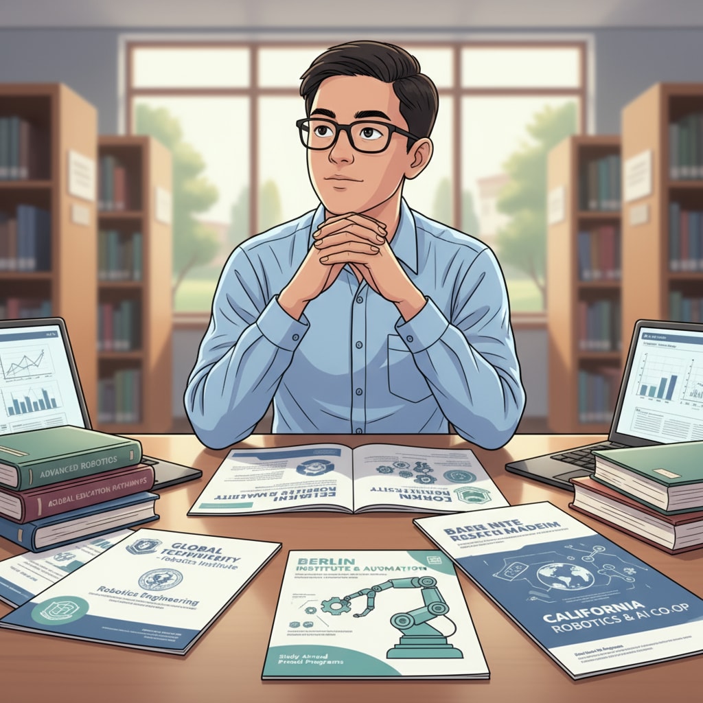 A Filipino student looking at brochures of international universities offering robotics programs in relation to robotics, computer science, study abroad, and student loans