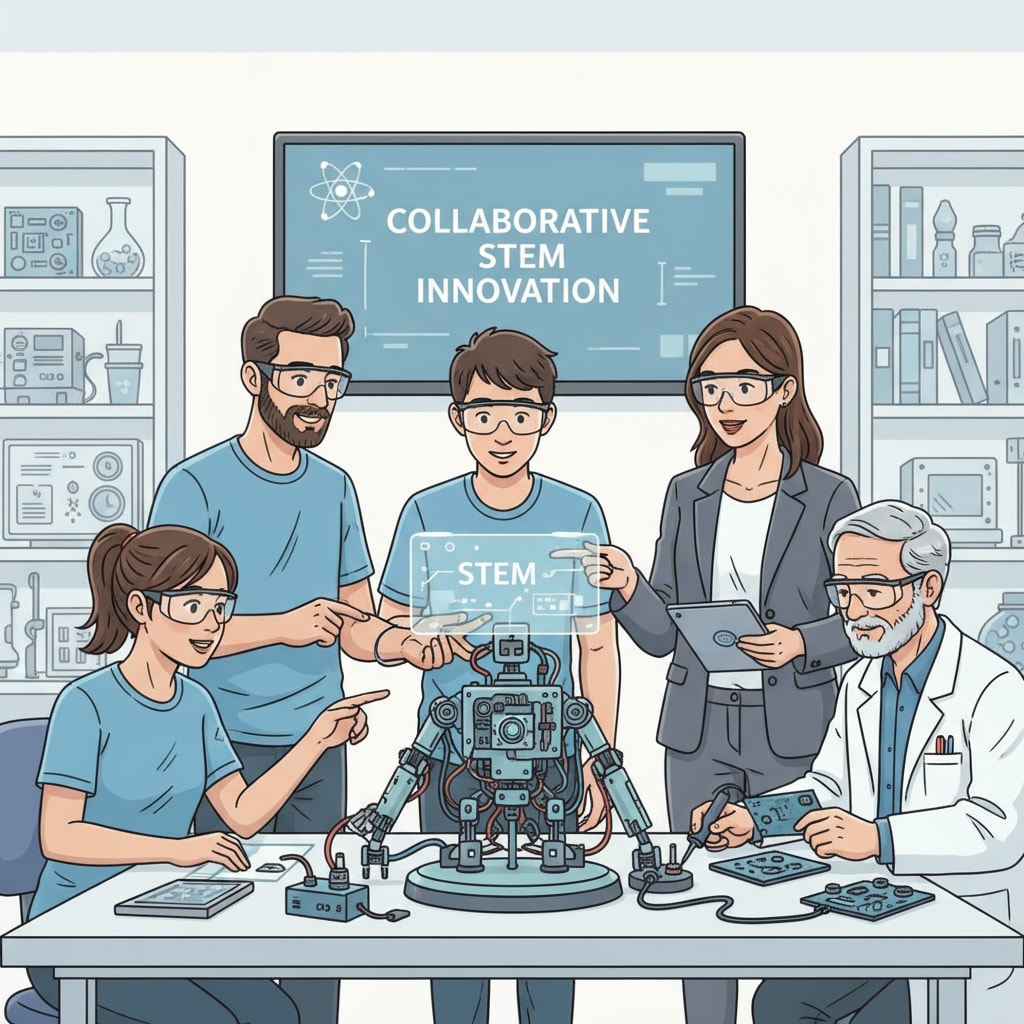Students, teachers, and industry professionals collaborating on a STEM project as part of partnerships in STEM education and curriculum development