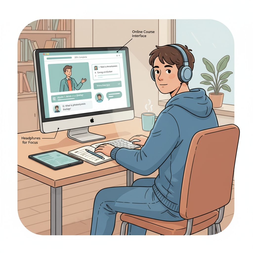 A student in an online school environment, dealing with mental health and procrastination