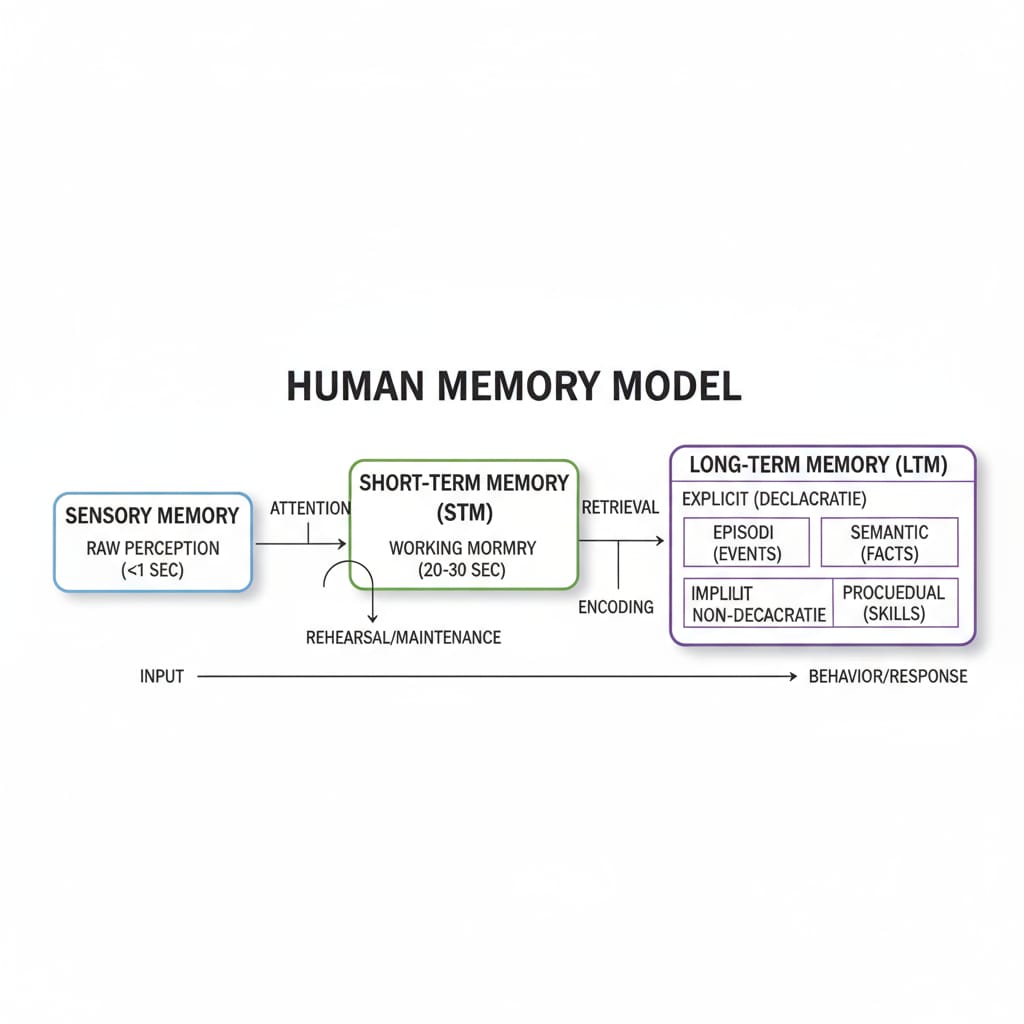 A scientific diagram shows the different components of memory, including sensory memory, short - term memory, and long - term memory, with arrows indicating the flow of information. Diagram of different types of memory relevant to K12 memory training