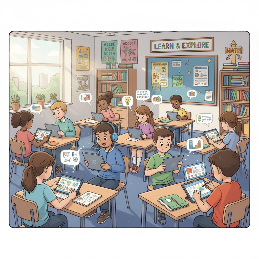 K12 students using tablets for school purposes in a classroom