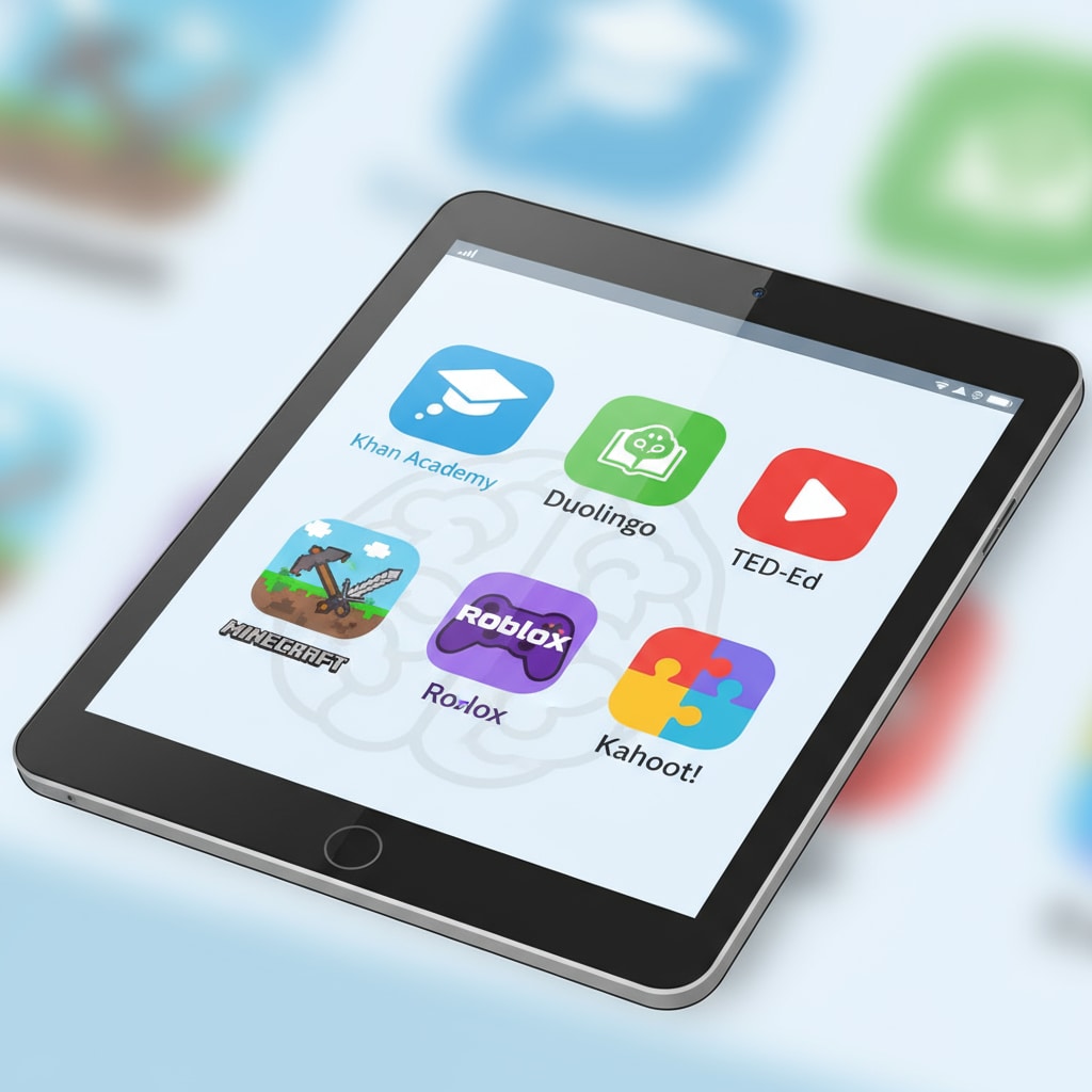 Tablet screen showing educational and gaming apps