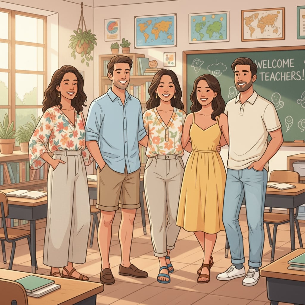 K12 teachers in a hot classroom without air conditioning, dressed appropriately.
