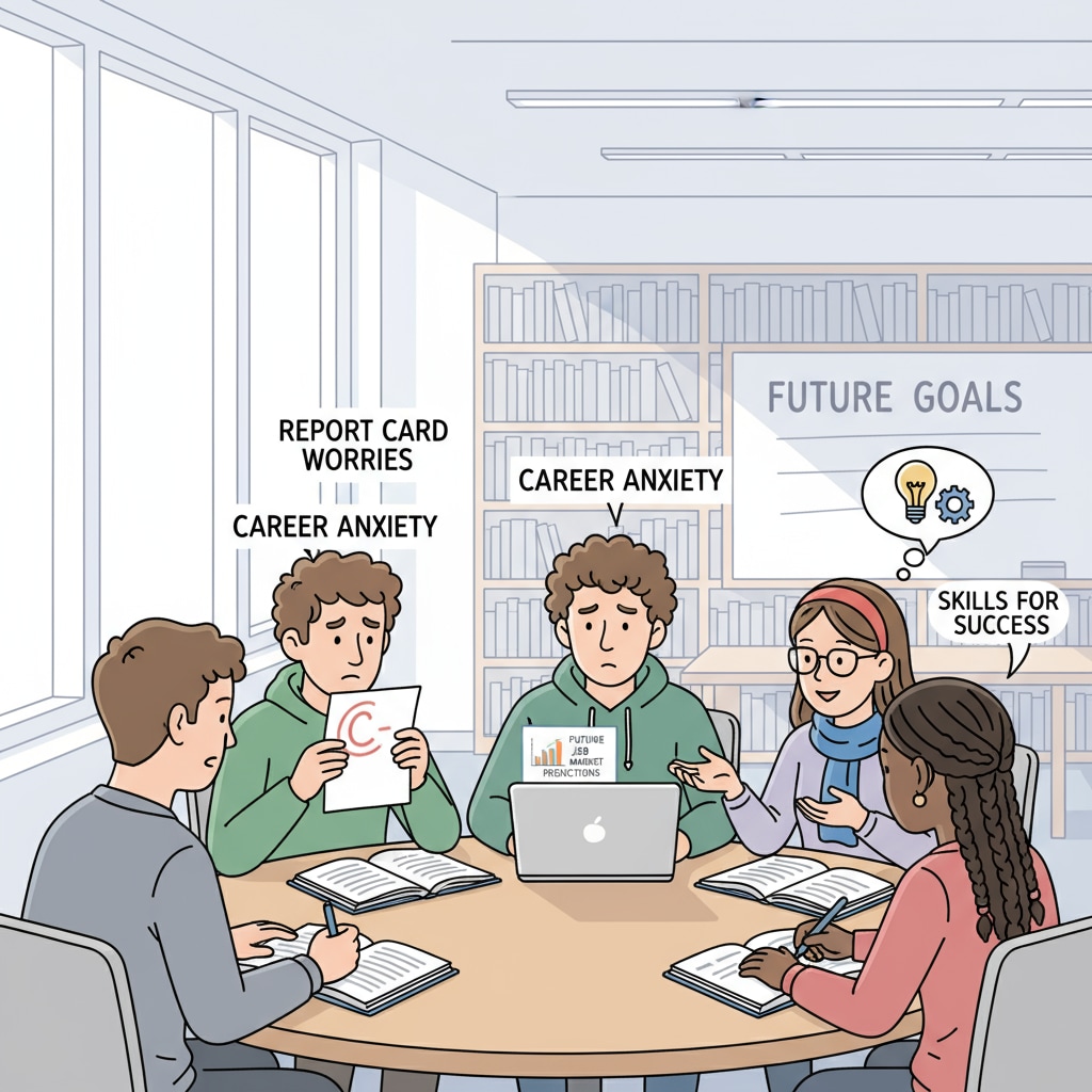 University students discussing grades and future job prospects