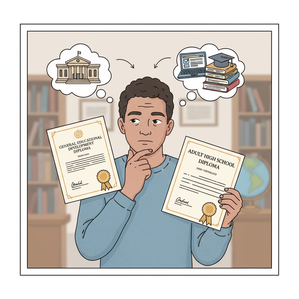 A person considering GED and adult high school diploma for college application