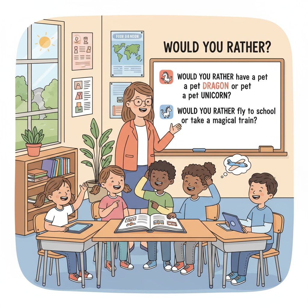 Children in a classroom engaged in a discussion about Would You Rather questions as an educational activity