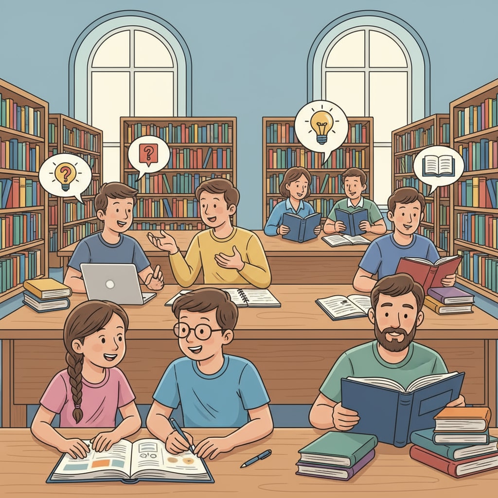 Students engaged in lifelong learning activities in a library setting related to formal education and cultural awareness.