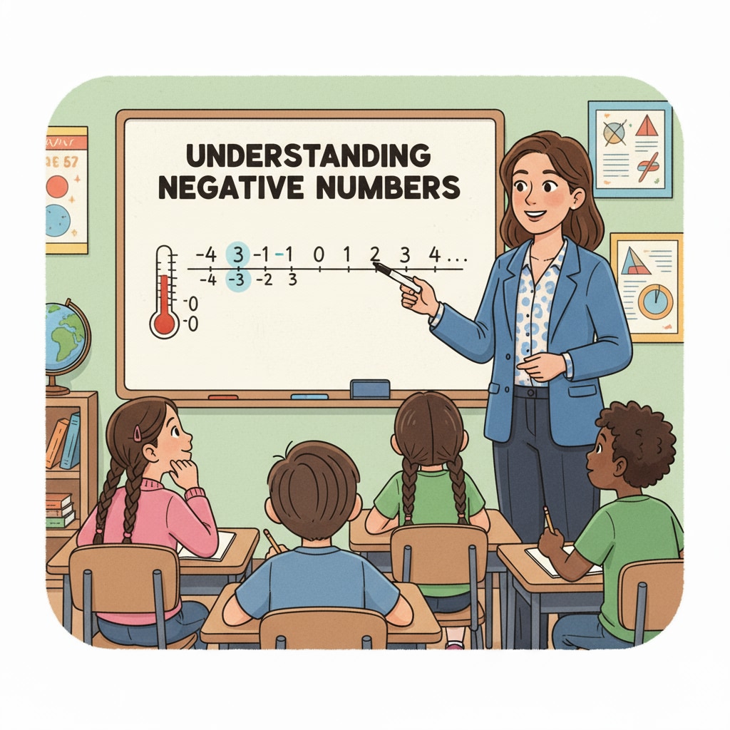 A teacher explaining negative numbers on a whiteboard to fourth graders
