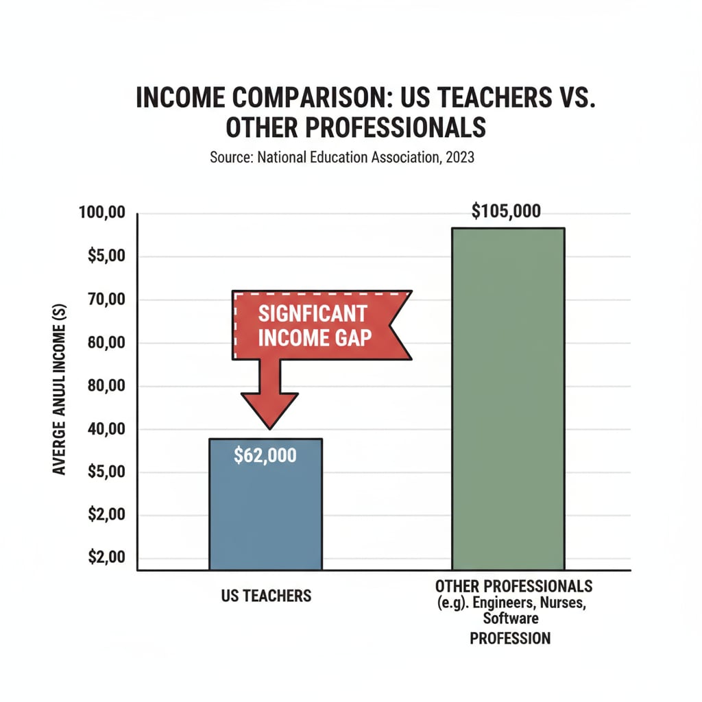 Graph showing income gap between US teachers and other professionals related to teacher income, income gap, teacher shortage
