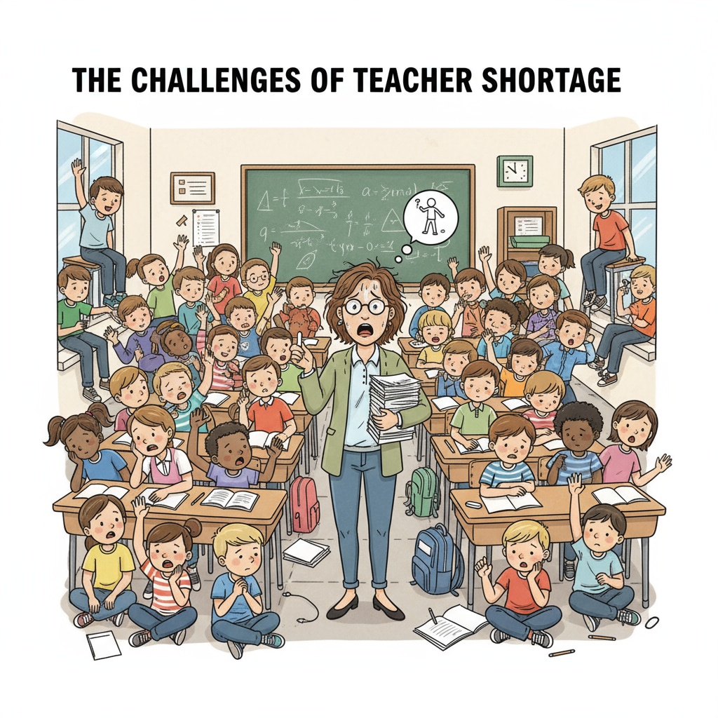 Classroom with large number of students and stressed teacher related to teacher income, income gap, teacher shortage