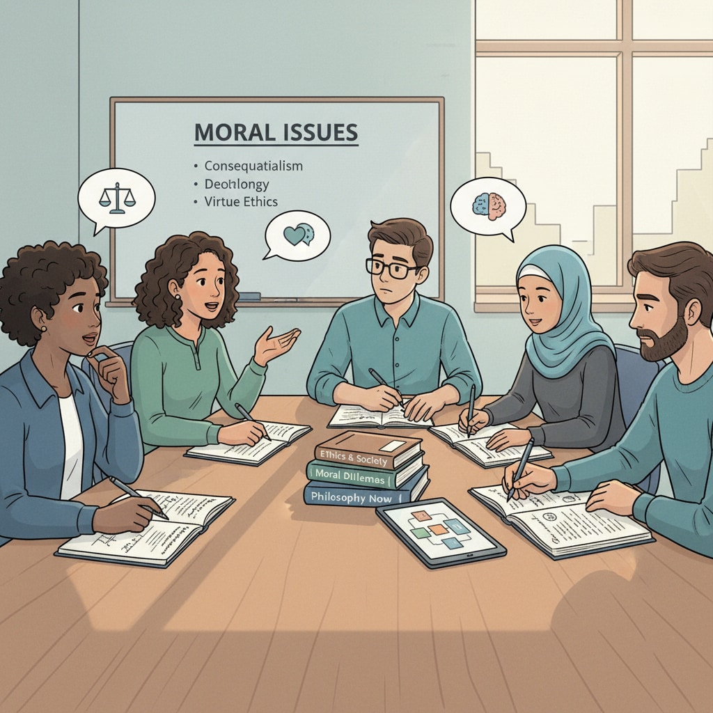 Students discussing moral issues in a K12 classroom related to ethical and moral education, compulsory credits, and civic education