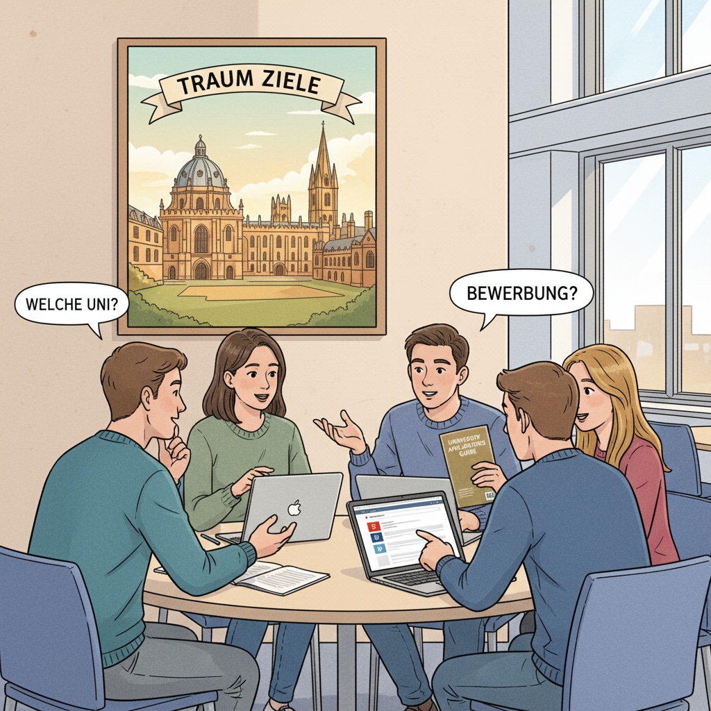 German students discussing university applications with Oxford University in the background, highlighting the challenges related to university applications, predicted grades, Oxford University, and German education system.