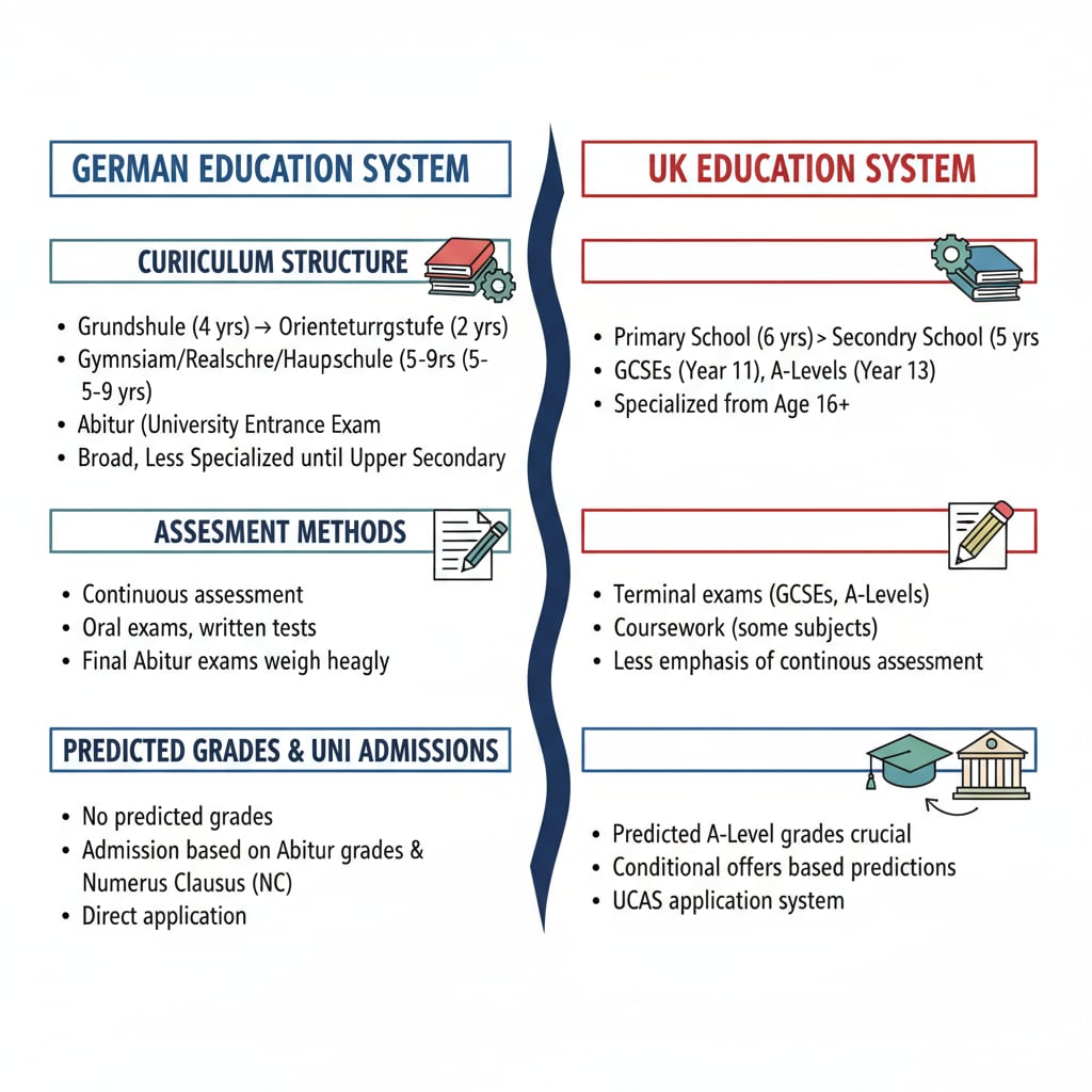 A comparison chart of German and UK education systems, emphasizing the disparities relevant to university applications, predicted grades, Oxford University, and German education system.