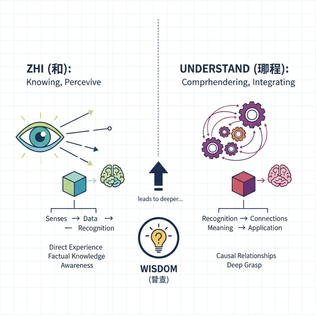 A comparison of the semantic concepts of 'Zhi' and 'understand' related to language differences and cultural thinking.