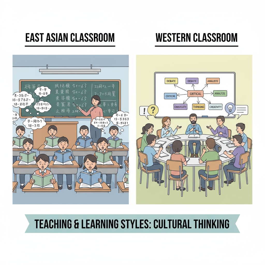 A classroom scene highlighting the differences in teaching methods in the East and West, related to language and cultural thinking.