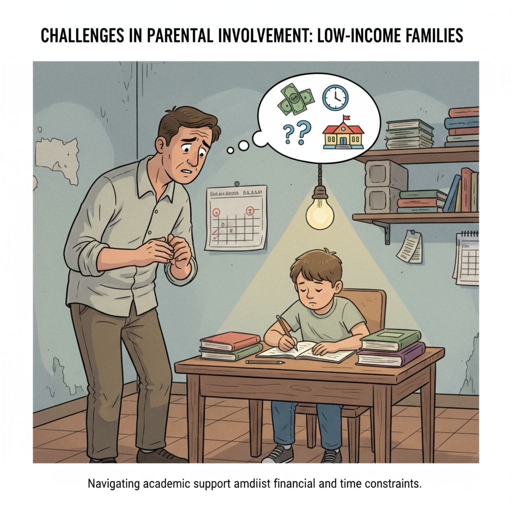 Worried low-income family parent during child's study in parental involvement