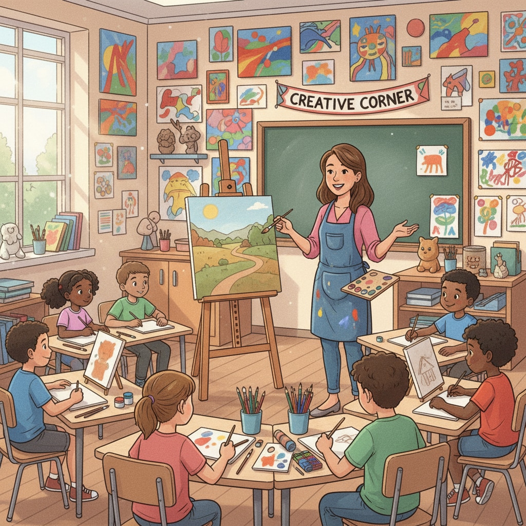 An art teacher in an art class related to special subject and educational resources