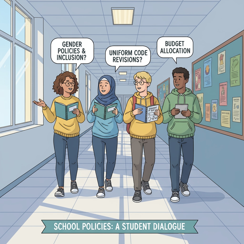 Students discussing Ministry of Education's review of gender policies in Fairfax County schools in a corridor