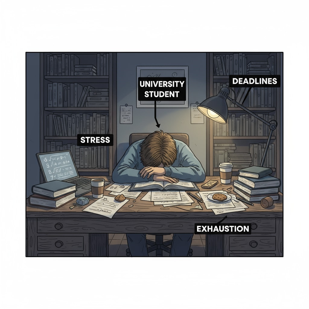 A student suffering from mental exhaustion due to learning difficulties and self-loathing