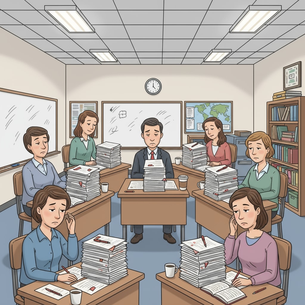 Teachers experiencing heavy workload and potential burnout while grading papers.