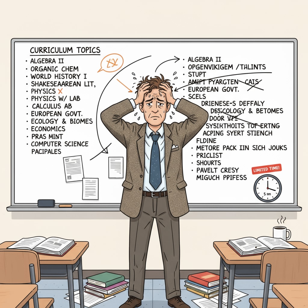 Teacher stressed due to an overwhelming curriculum.