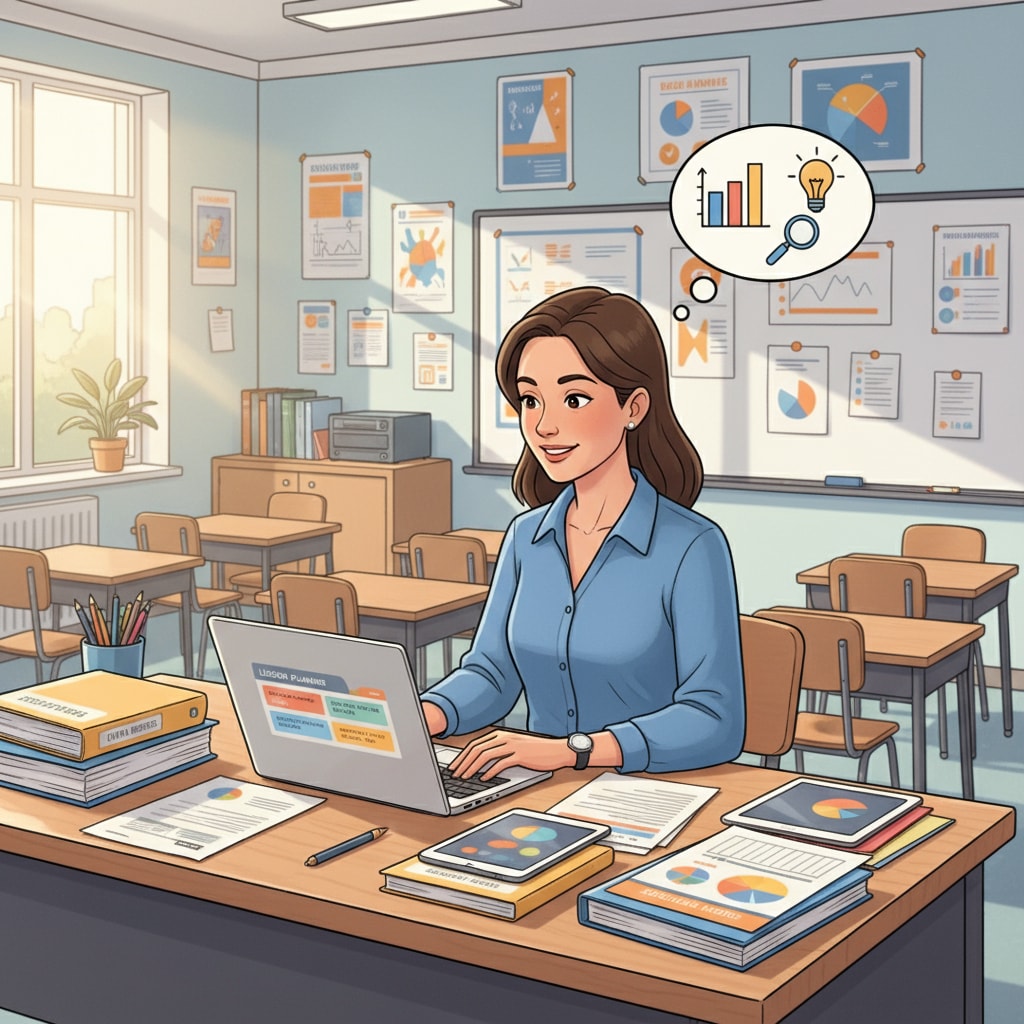 A teacher engaged in data documentation and teaching planning in a classroom