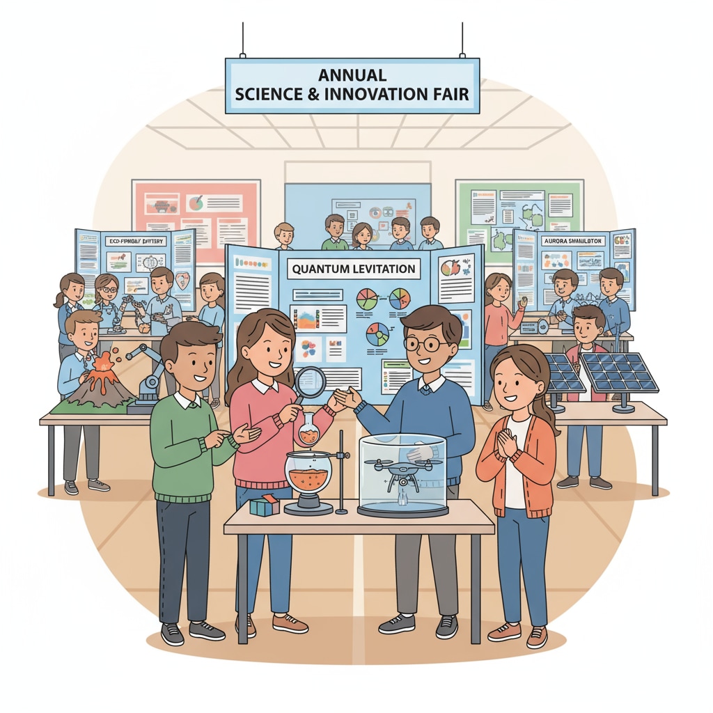 High school students participating in a science fair related to STEM university extracurriculars and volunteer services