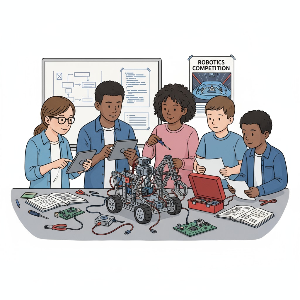 Students working on a robotics project for a competition as part of STEM university extracurricular activities