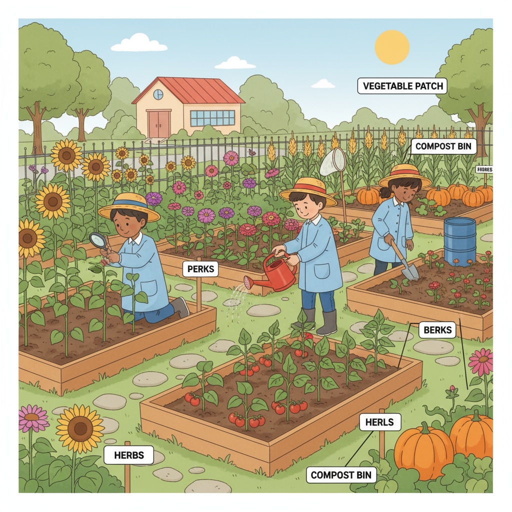 School garden promoting hands-on teaching and interdisciplinary learning through gardening activities.