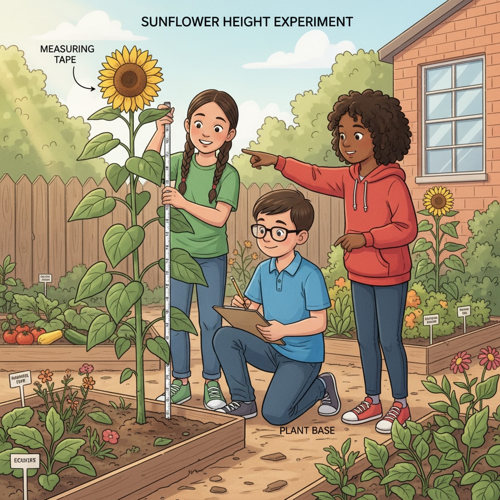Students engaged in hands-on science learning in the school garden through plant measurement.