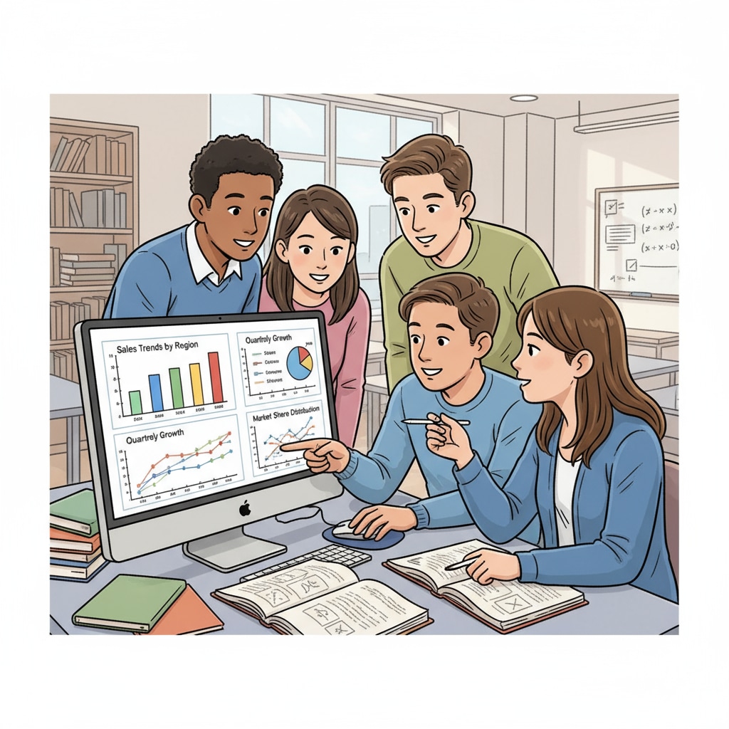 Students exploring data analysis graphs on a computer screen as part of free online learning resources
