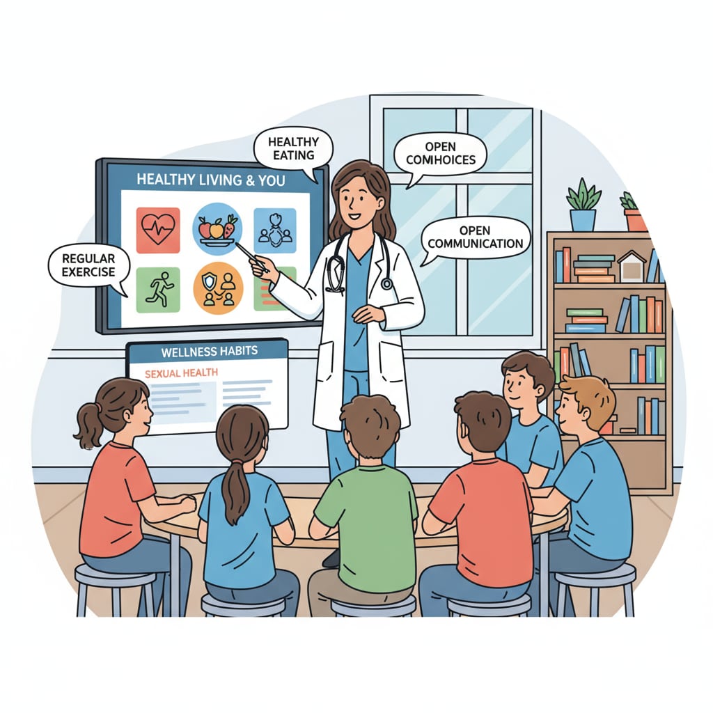 A doctor providing sexual health education to teenagers for adolescent well-being in the context of school education