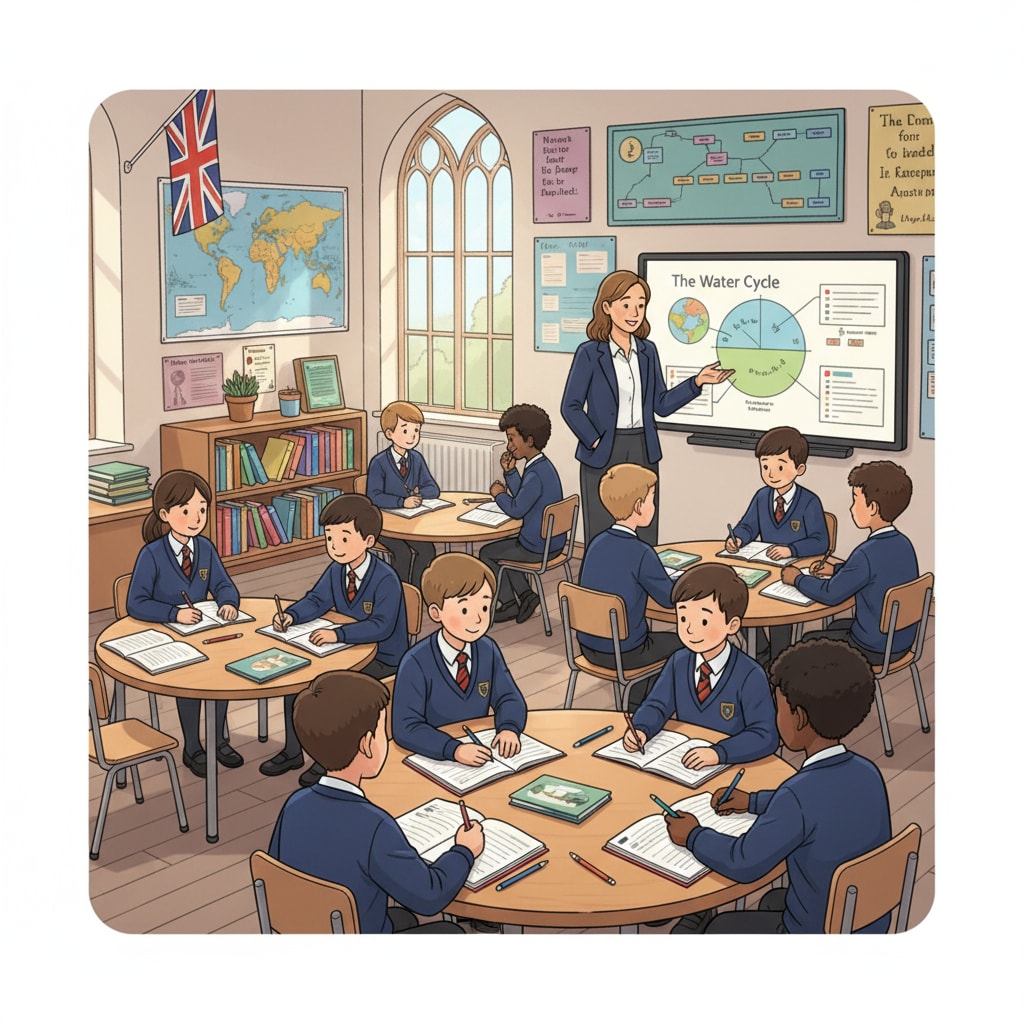 Classroom scene in British education system related to curriculum reform and student assessment
