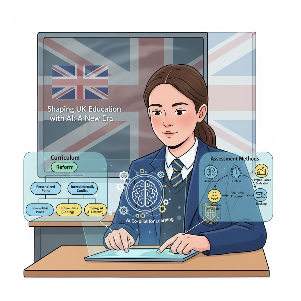 Student using AI in British education for curriculum and assessment purposes