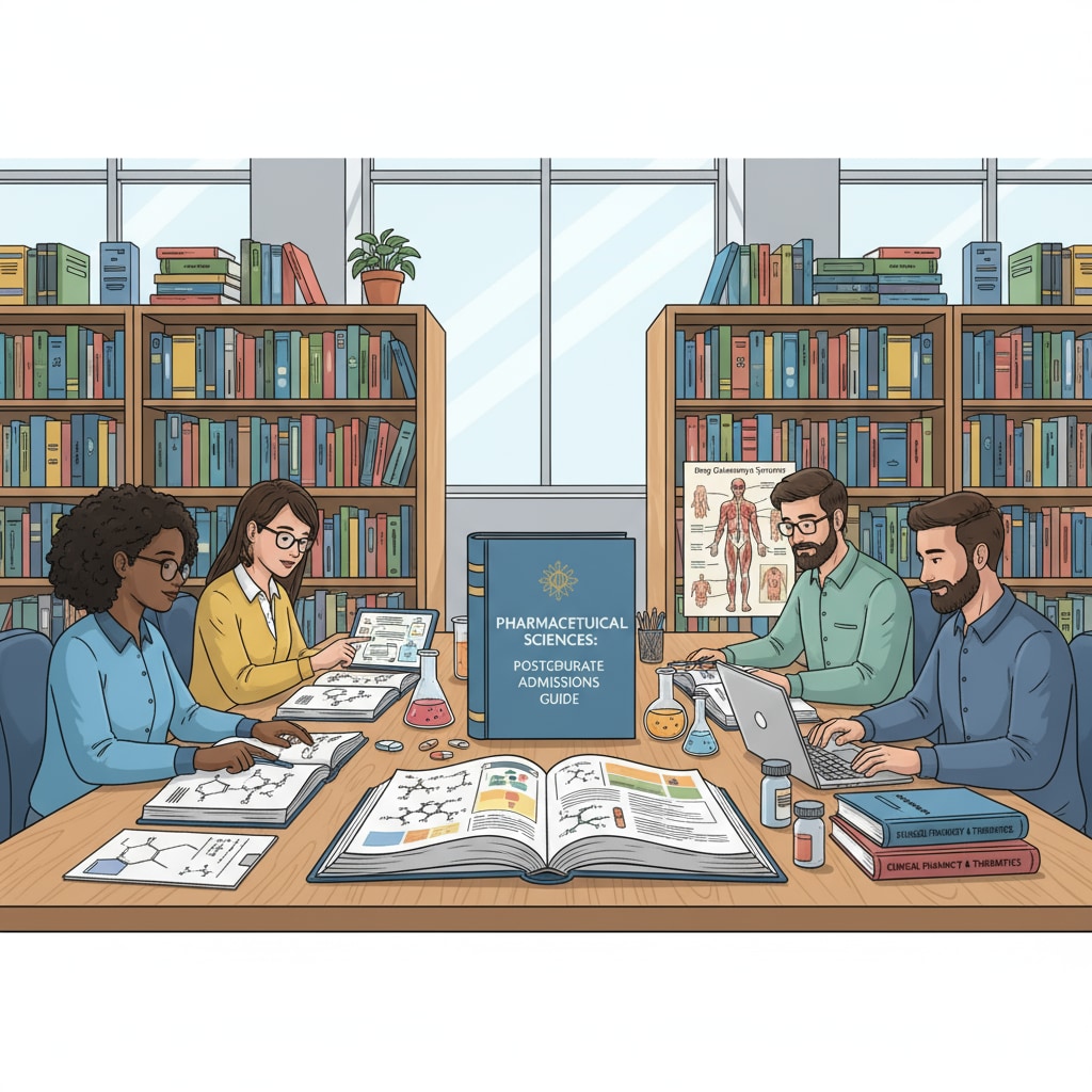 Students studying pharmacy materials in a library for postgraduate admissions